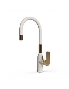 Agatha - Juego Blanco Y Dorado Monocomando Para Mesada De Cocina Con Pico Flexible.