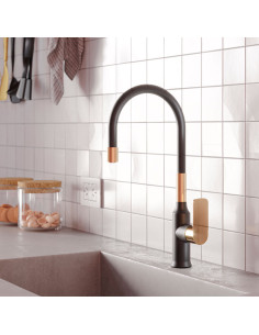 Agatha - Juego Negro Y Dorado Monocomando Para Mesada De Cocina Con Pico Flexible. 2